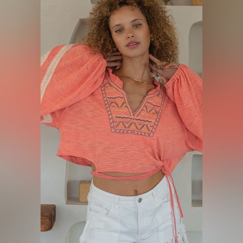 ⭐ $15 start POL embroidered boho oversized lace crochet crop tie waist poets top - Picture 2 of 8